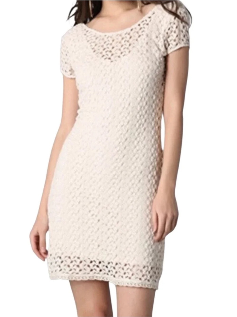 Free People Beige Crochet Cap-Sleeve Knit Dress with Low Back